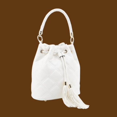 Quilted Drawstring Bucket Shoulder Bag (White/Ice Blue)