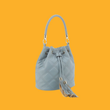 Quilted Drawstring Bucket Shoulder Bag (White/Ice Blue)